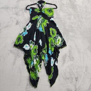 Vintage Sweet Lady Dress Womens One Size Black Green Floral Halter Hanky Hem